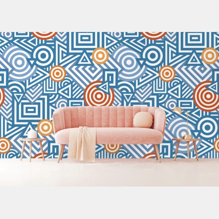 Wall mural blue geometric pattern with orange accents • Wallissimo®