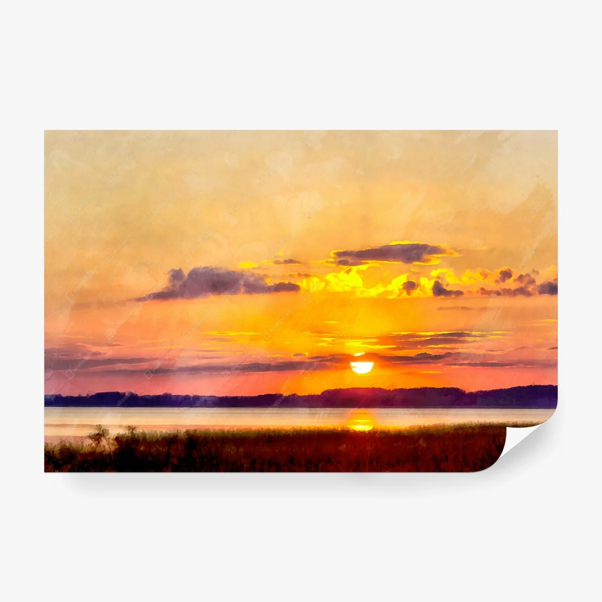 Wall mural golden lake sunset watercolor • Wallissimo® Wall mural golden lake sunset watercolor • Wallissimo®