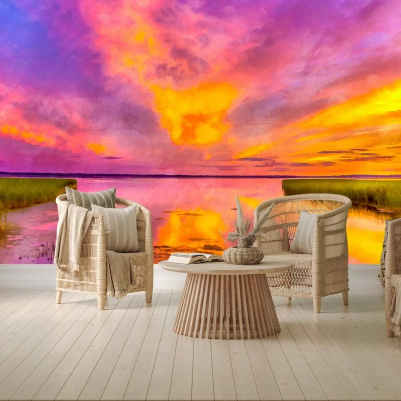 Wall mural vibrant marsh sunset watercolor