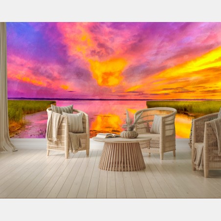 Wall mural vibrant marsh sunset watercolor • Wallissimo®
