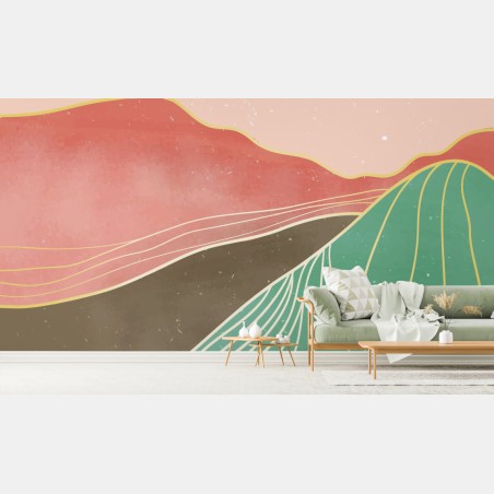 Wall mural pastel mountain landscape with sun • Wallissimo®