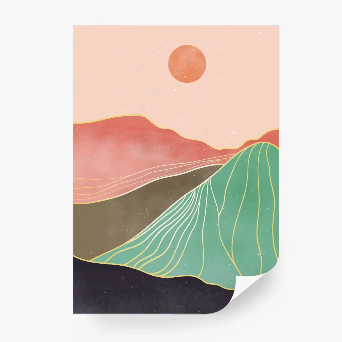Wall mural pastel mountain landscape with sun • Wallissimo® Wall mural pastel mountain landscape with sun • Wallissimo®