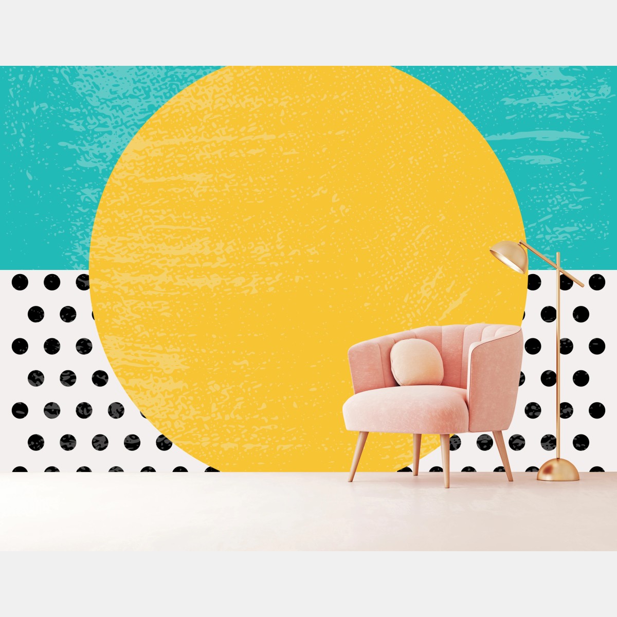 Wall mural bold yellow sun on turquoise geometric background • Wallissimo®