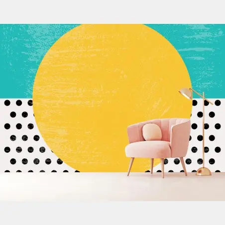 Wall mural bold yellow sun on turquoise geometric background • Wallissimo®