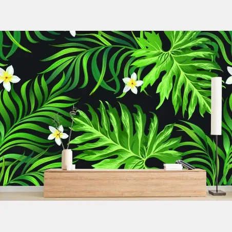 Wall mural lush tropical leaves with white plumeria • Wallissimo®