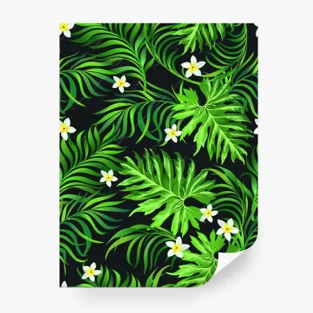 Wall mural lush tropical leaves with white plumeria • Wallissimo®