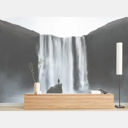 Wall mural silhouette at a misty waterfall • Wallissimo®