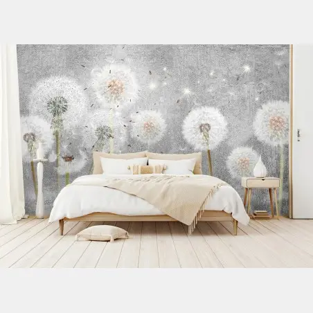 Wall mural delicate dandelion seeds on textured gray background • Wallissimo®