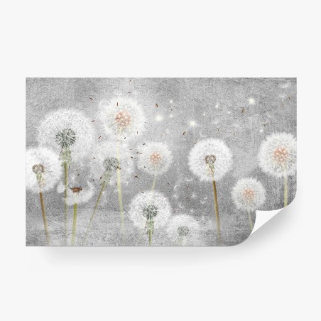 Wall mural delicate dandelion seeds on textured gray background • Wallissimo®