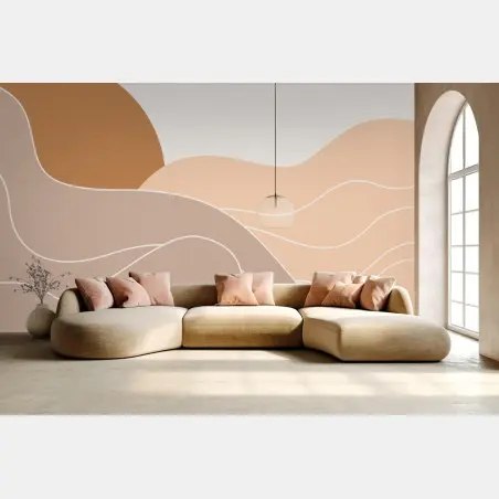 Wall mural earthy pastel landscape with sun • Wallissimo®