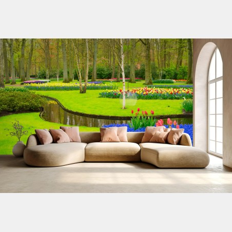 Wall mural spring tulip garden in bloom • Wallissimo®