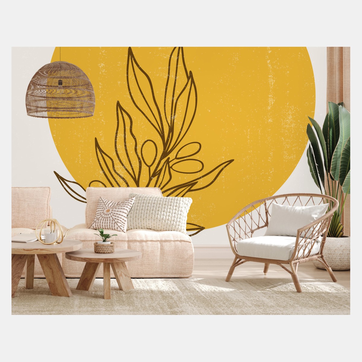 Wall mural minimal olive sun botanical print • Wallissimo®