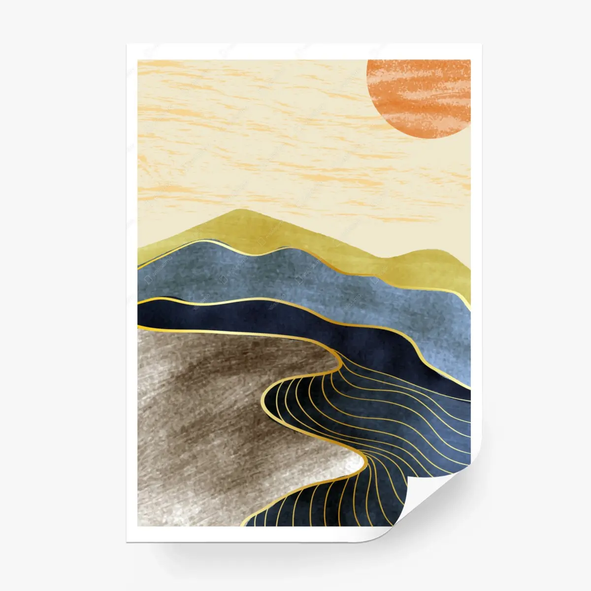 Wall mural minimalist abstract mountain landscape with sun • Wallissimo®