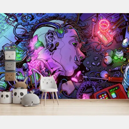 Wall mural cyberpunk cyborg workshop • Wallissimo®