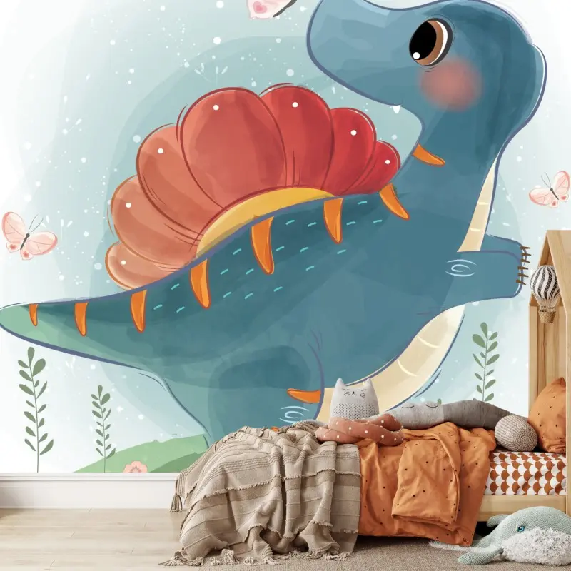 Wall mural playful turquoise dinosaur with butterflies