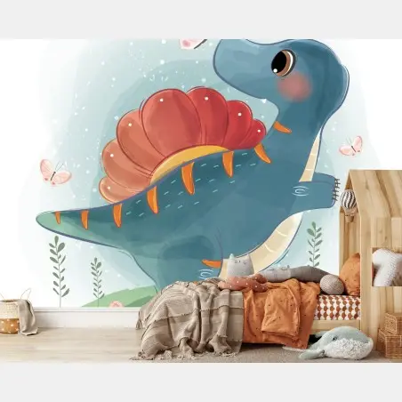 Wall mural playful turquoise dinosaur with butterflies • Wallissimo®