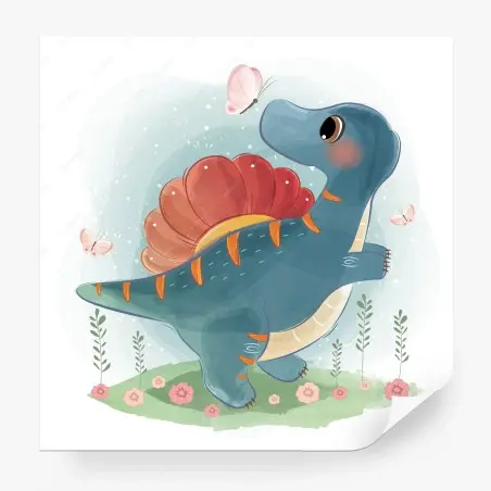 Wall mural playful turquoise dinosaur with butterflies • Wallissimo®