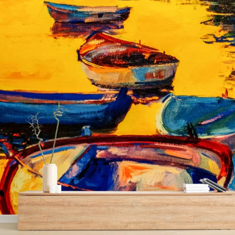Wall mural vibrant boats at sunset