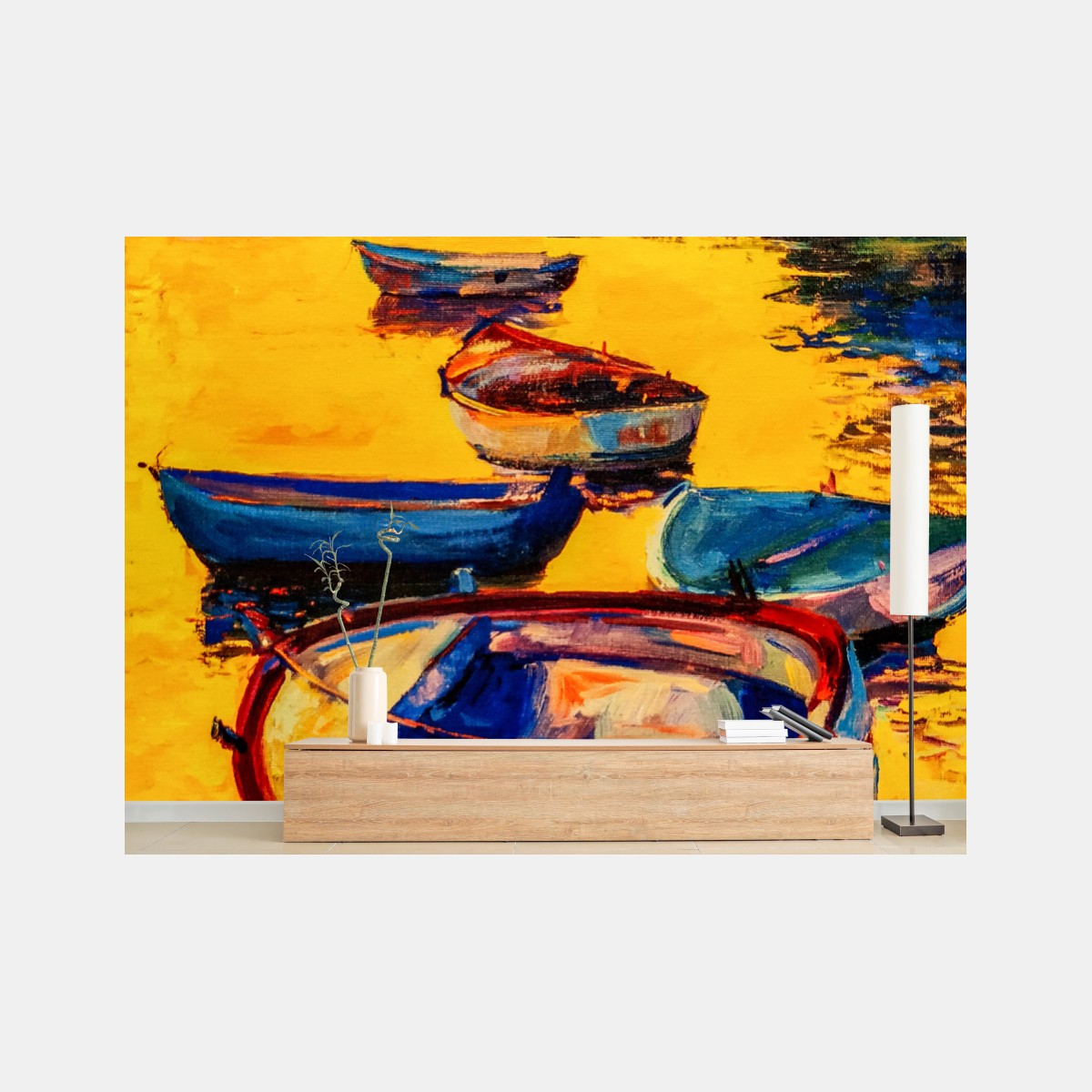 Wall mural vibrant boats at sunset • Wallissimo®