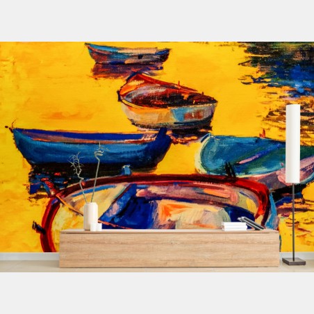 Wall mural vibrant boats at sunset • Wallissimo®