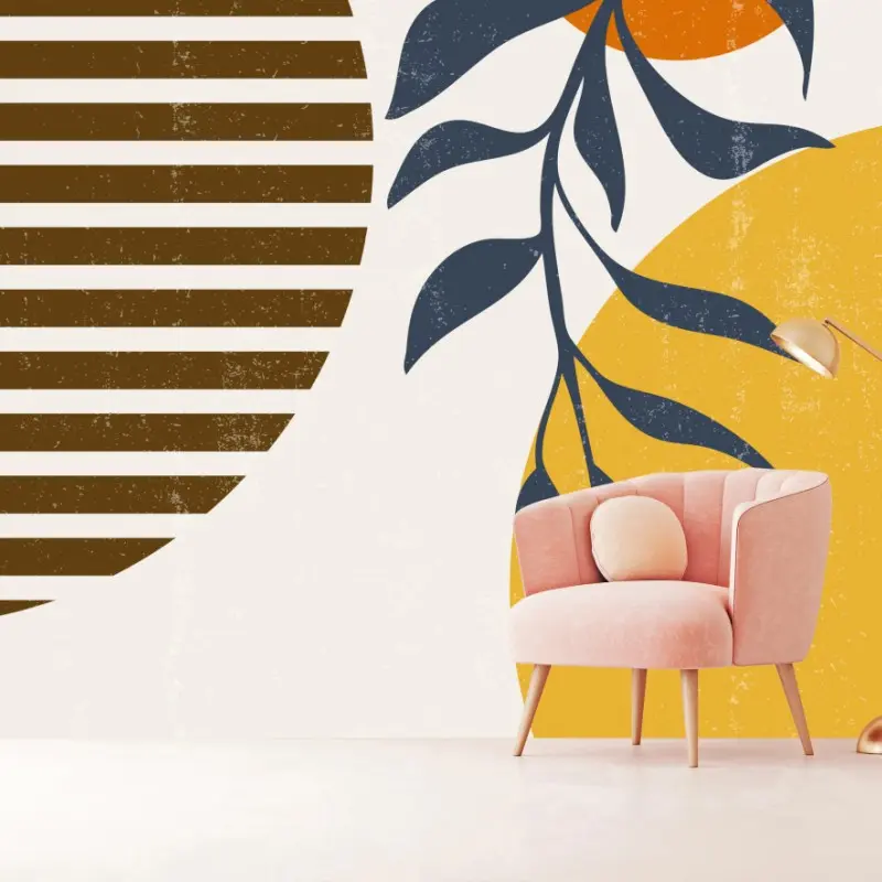 Wall mural boho abstract sun and leaves print