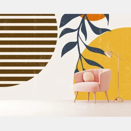 Wall mural boho abstract sun and leaves print • Wallissimo®