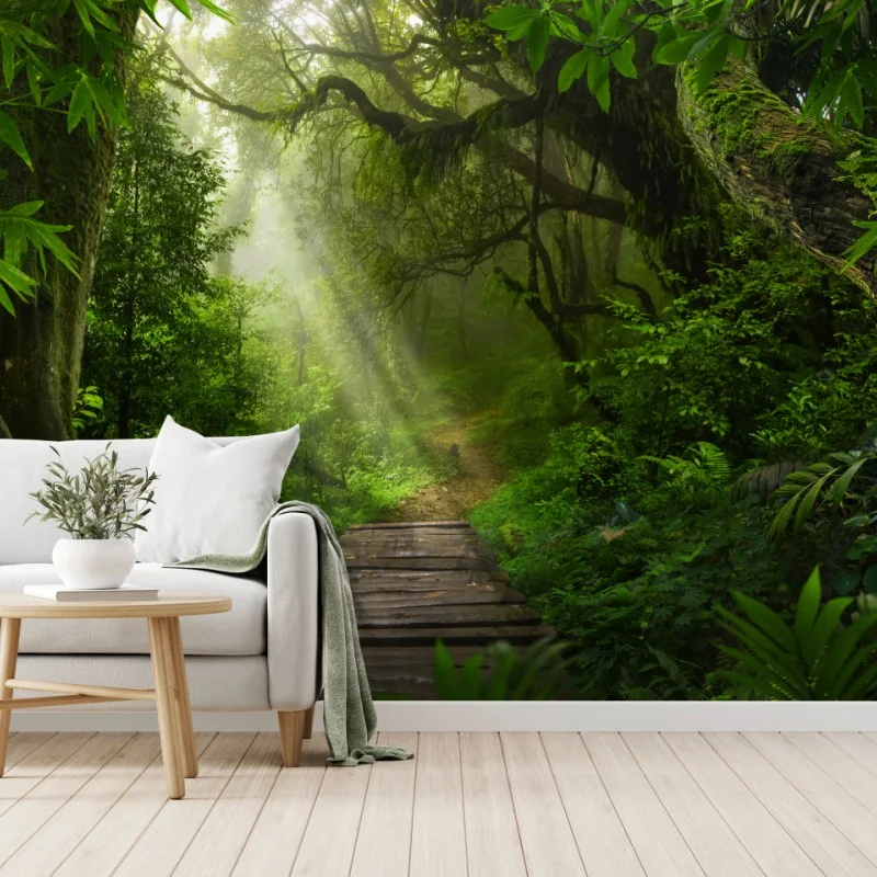 Wall mural sunlit forest pathway through lush greenery