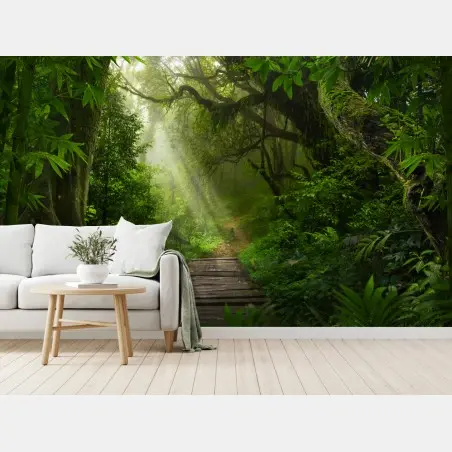 Wall mural sunlit forest pathway through lush greenery • Wallissimo®