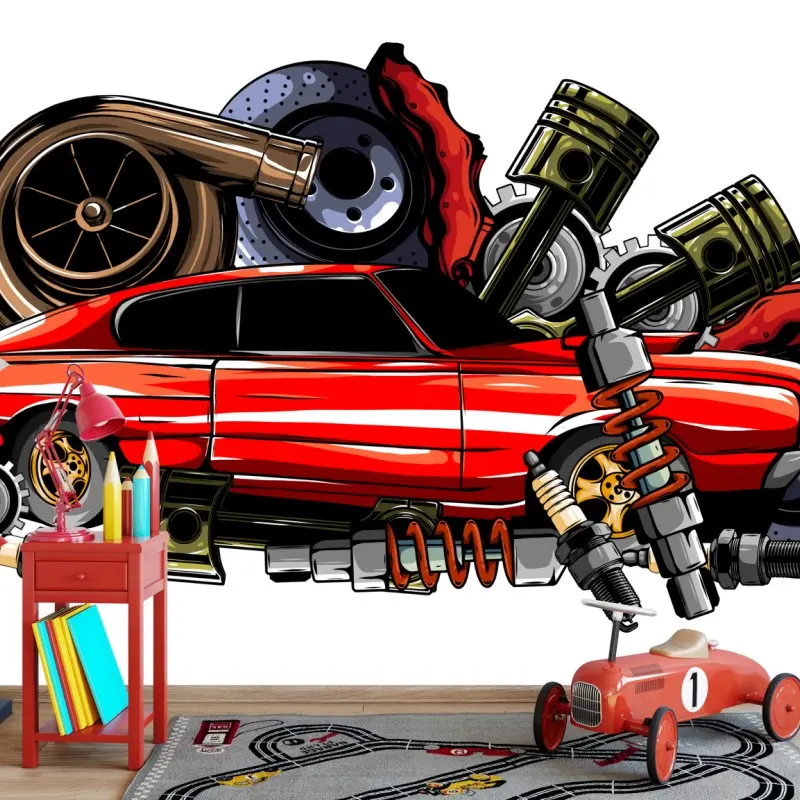 Wall mural red muscle car collage with engine parts