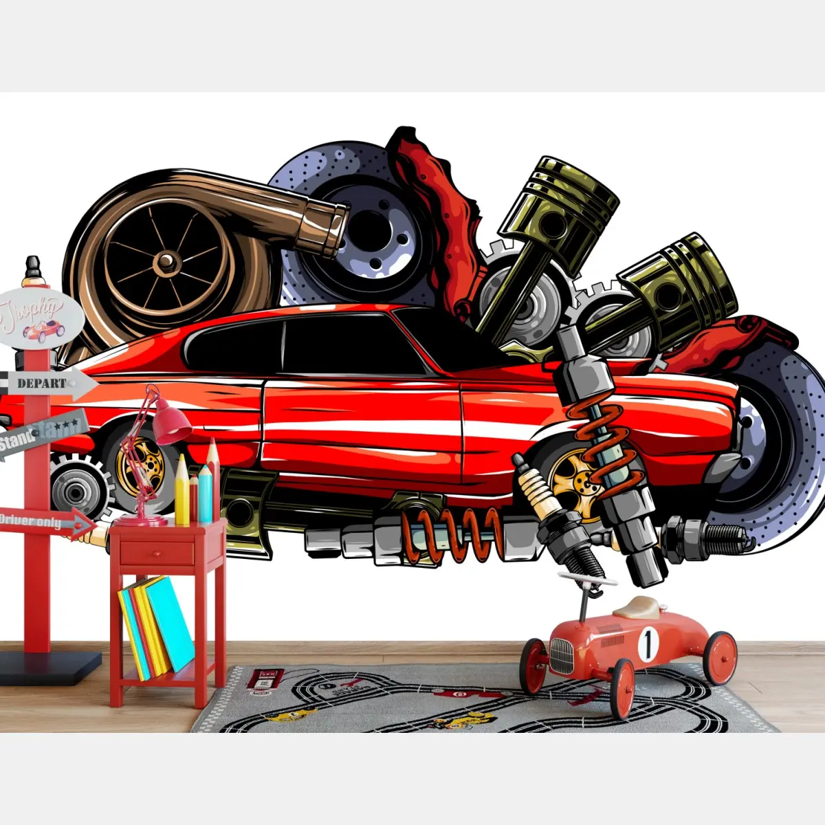 Wall mural red muscle car collage with engine parts • Wallissimo®