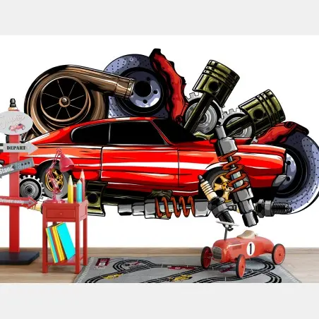 Wall mural red muscle car collage with engine parts • Wallissimo®