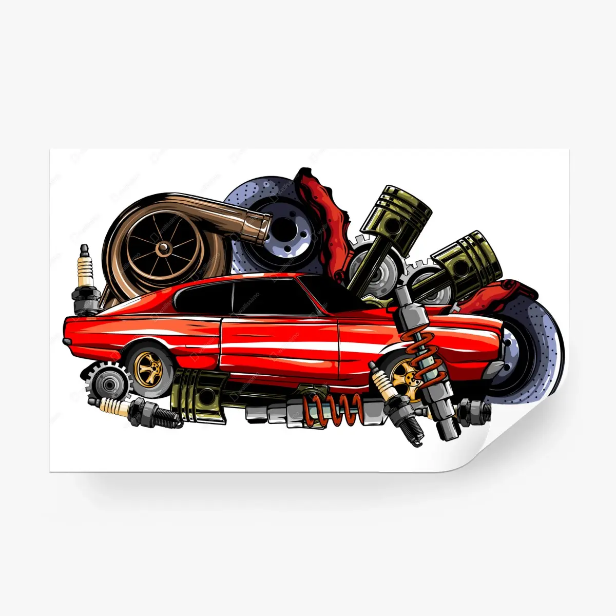 Wall mural red muscle car collage with engine parts • Wallissimo®