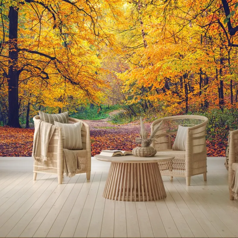 Wall mural golden autumn pathway in forest