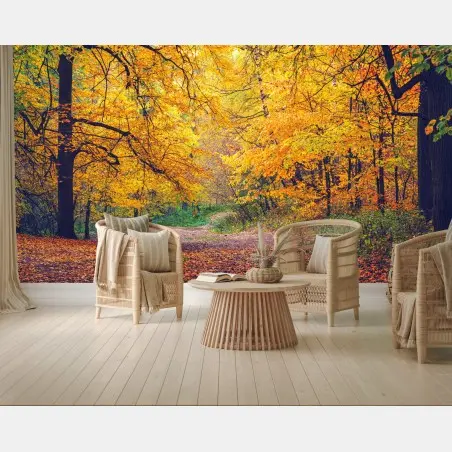 Wall mural golden autumn pathway in forest • Wallissimo®