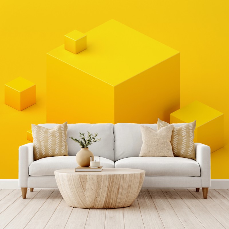 Wall mural monochrome yellow cube composition