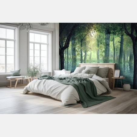 Wall mural enchanted flooded forest with sunlight • Wallissimo®