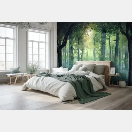 Wall mural enchanted flooded forest with sunlight • Wallissimo®