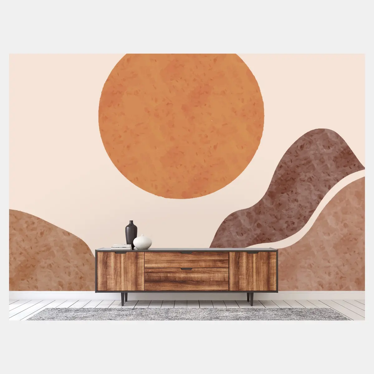 Wall mural earthy minimalist landscape with sun • Wallissimo®