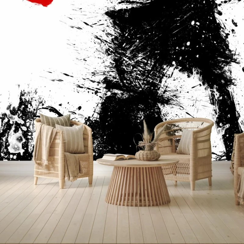 Wall mural inked silhouette with red bloom