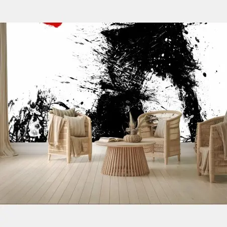 Wall mural inked silhouette with red bloom • Wallissimo®