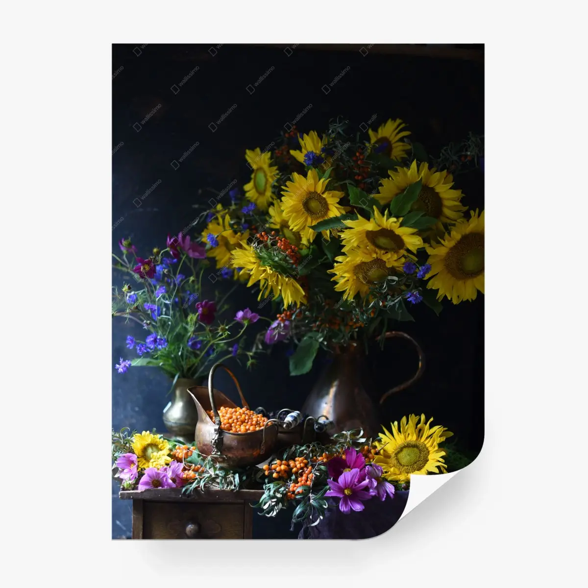Wall mural bright sunflower still life with copper jug • Wallissimo®