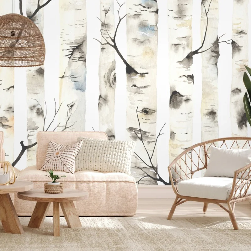 Wall mural watercolor birch tree pattern