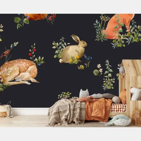 Wall mural woodland watercolor animals pattern • Wallissimo®