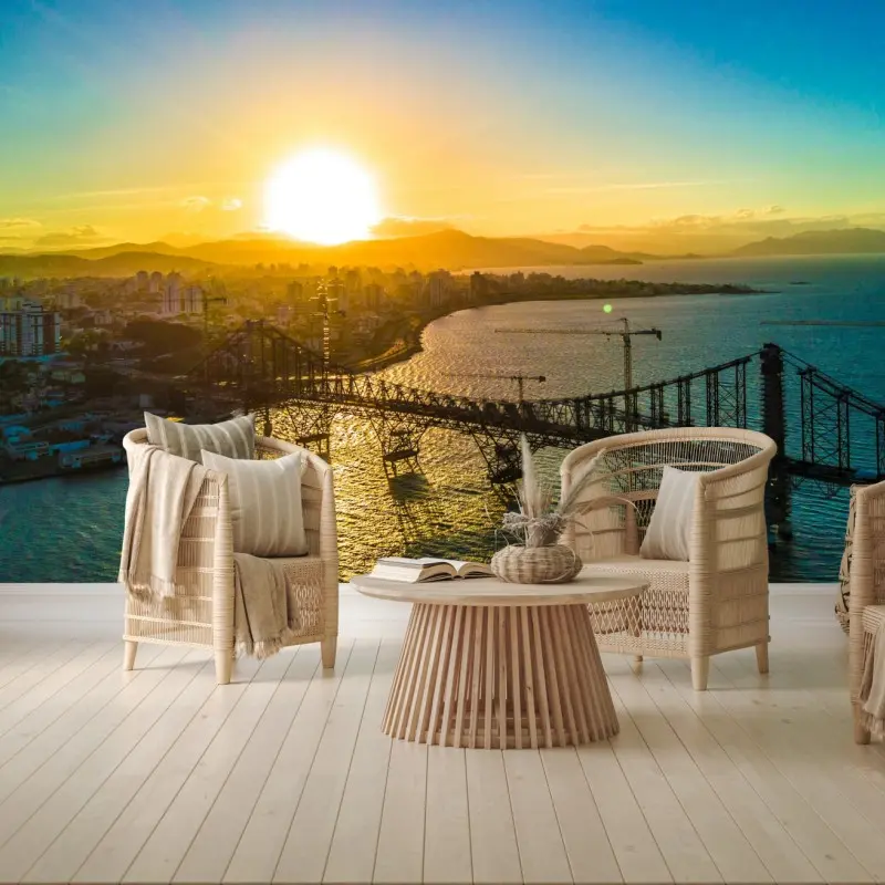 Wall mural golden hour bridge cityscape