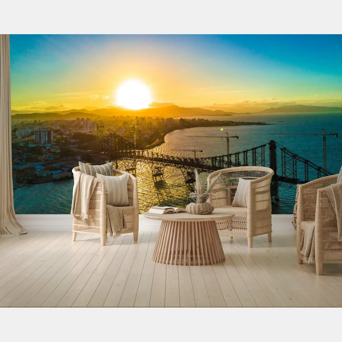 Wall mural golden hour bridge cityscape • Wallissimo®