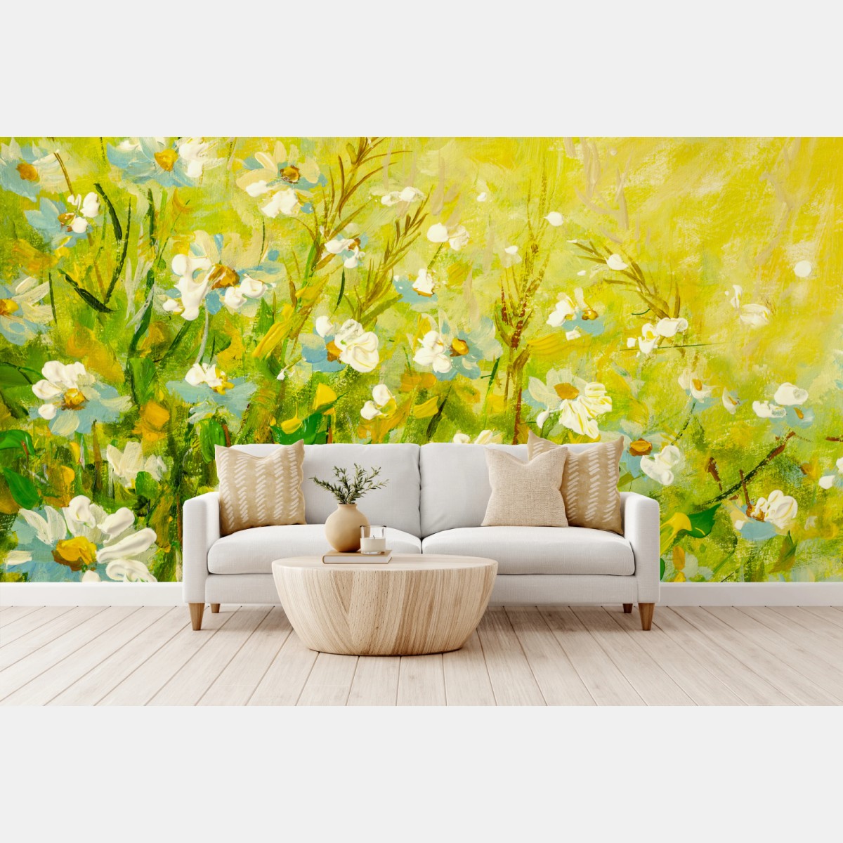 Wall mural sunlit chamomile meadow • Wallissimo®