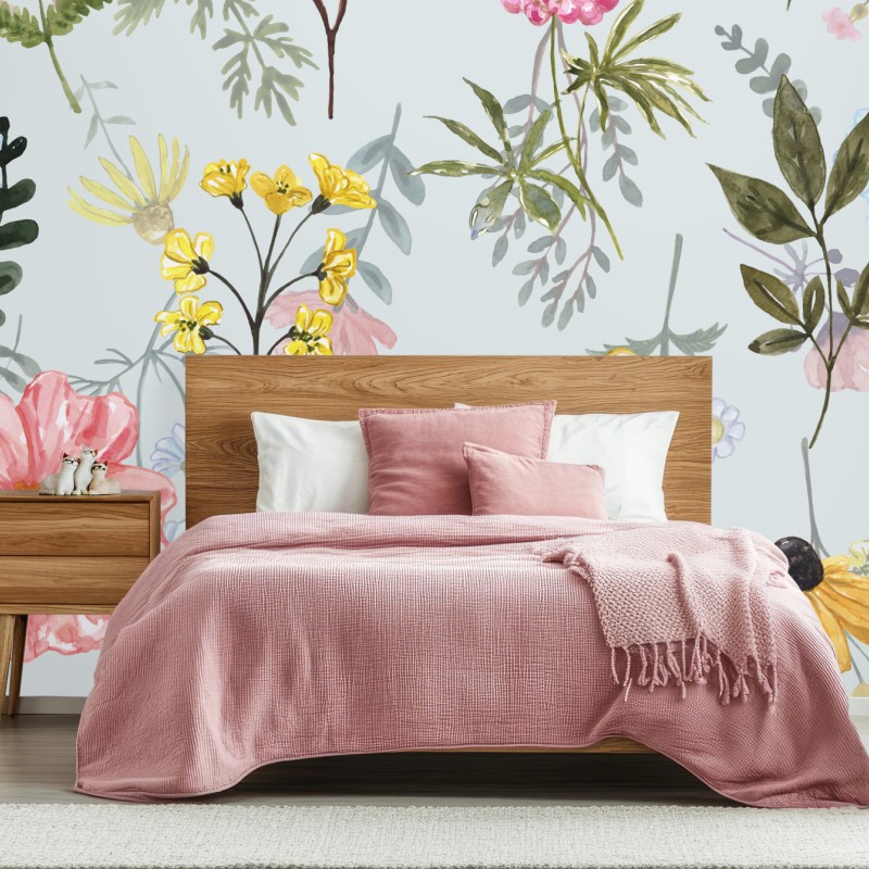 Wall mural delicate watercolor wildflower pattern