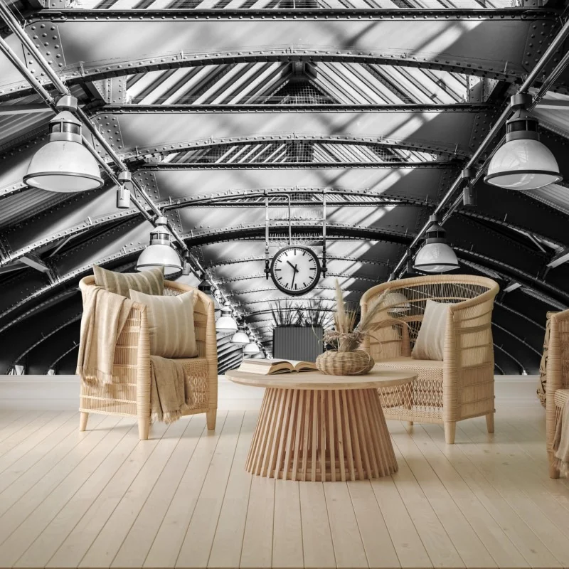 Wall mural industrial train station ceiling with clock