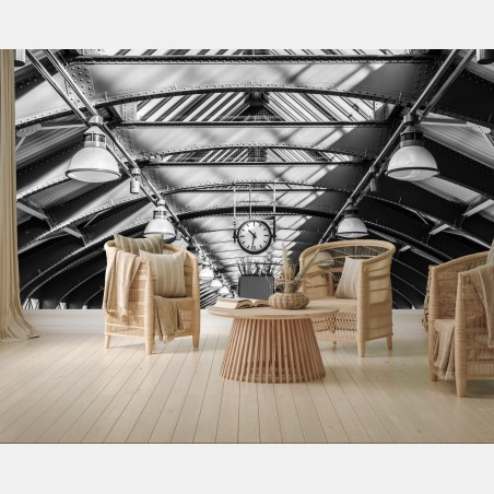 Wall mural industrial train station ceiling with clock • Wallissimo®