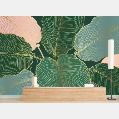 Wall mural luxury botanical gold leaf illustration • Wallissimo®